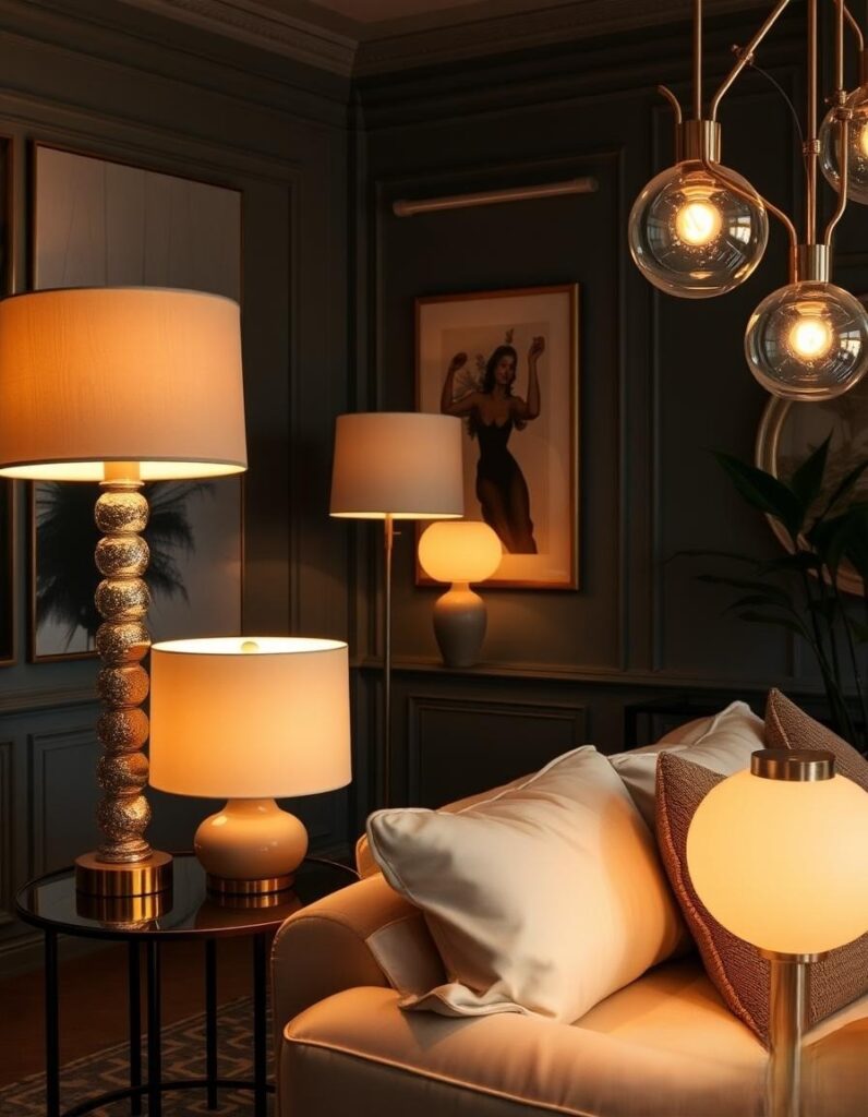 layered lighting in a maximalist room